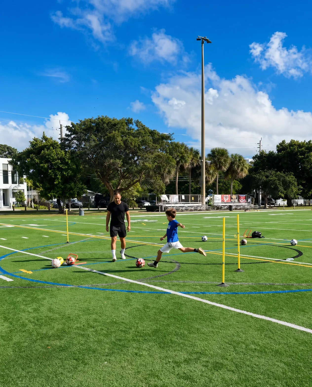 Coach Jerome watching a player strike the ball on a Fort Lauderdale field